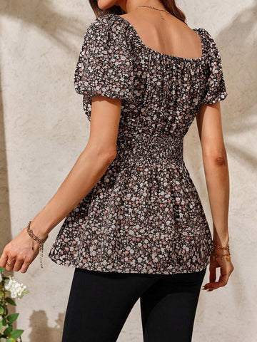 Clasi Women's Vacation Style Ditsy Floral Short Sleeve Shirt With Cinched Waist For Summer