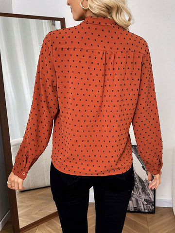 Clasi Women's Versatile Casual Textured Cut-Out Polka Dot Stand Collar Long Sleeve Shirt