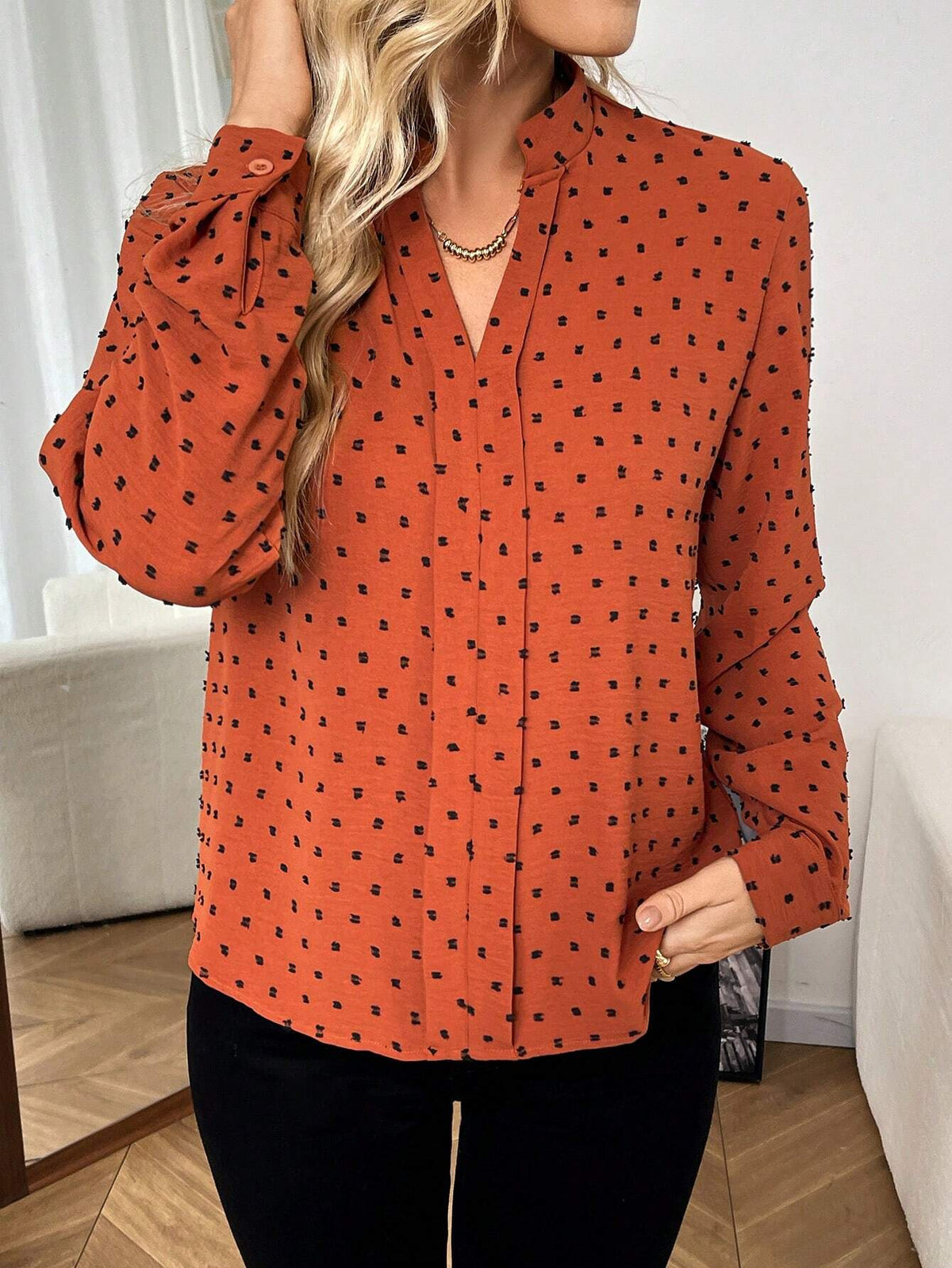 Clasi Women's Versatile Casual Textured Cut-Out Polka Dot Stand Collar Long Sleeve Shirt