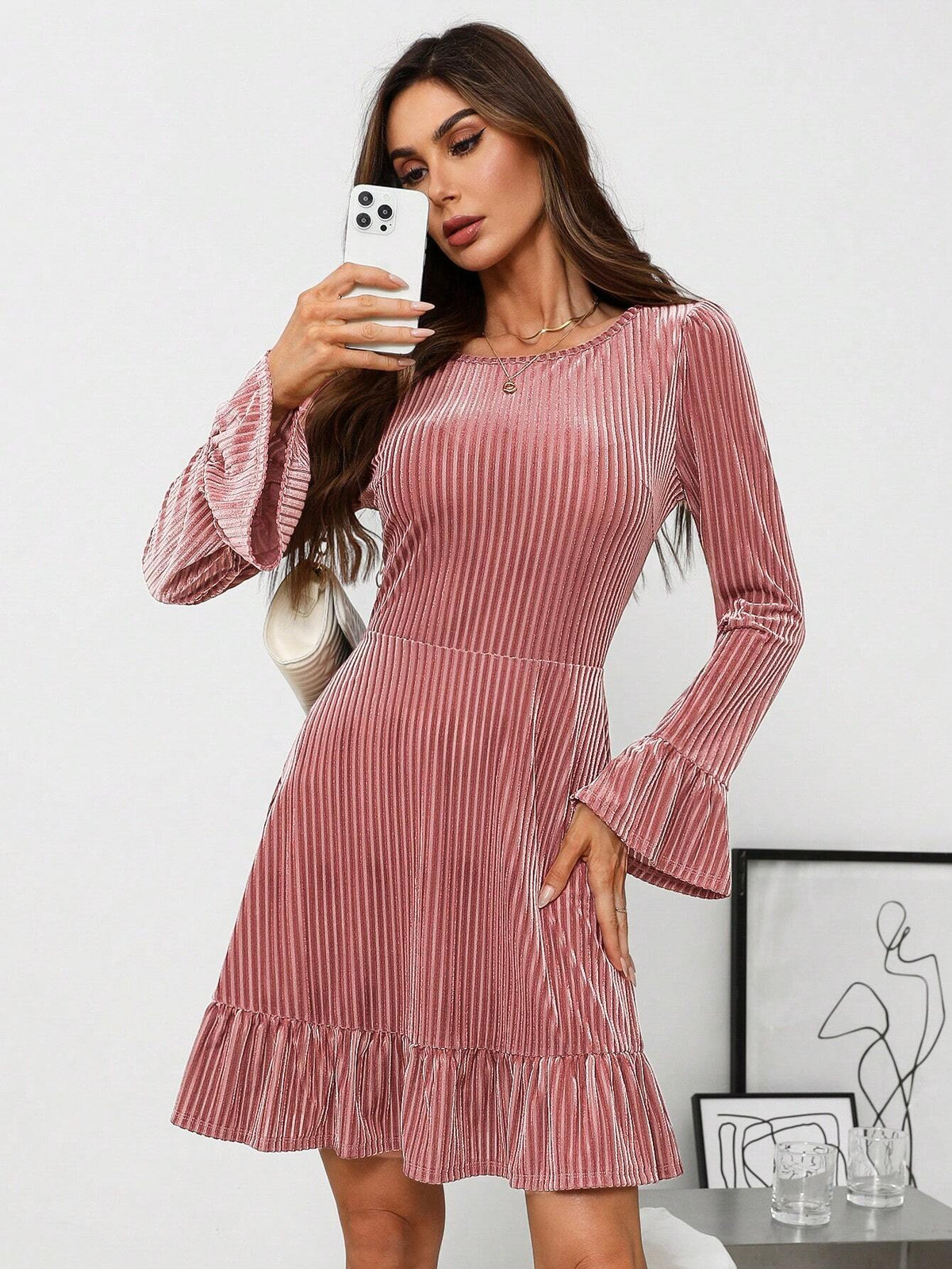 Women's Waist Cinched Bell Sleeve Crew Neck Ribbed Short Dress, Ashes Of Roses, Suitable For