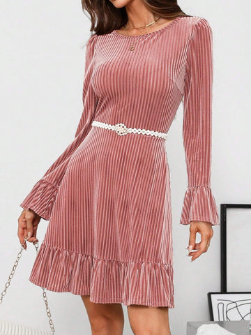 Women's Waist Cinched Bell Sleeve Crew Neck Ribbed Short Dress, Ashes Of Roses, Suitable For