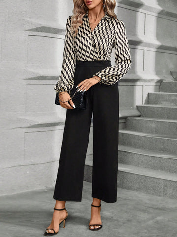 Women's Wave Pattern Printed Patchwork Lantern Sleeve Jumpsuit