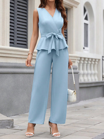 Women's Wrap Neck Sleeveless Shirt And Pants Set