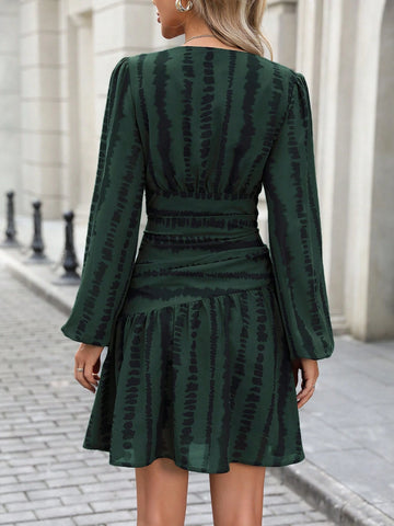 Women's Zebra Print V-Neck Long Sleeve Party Dress With Ruched Waist, Ruched Hem & Balloon