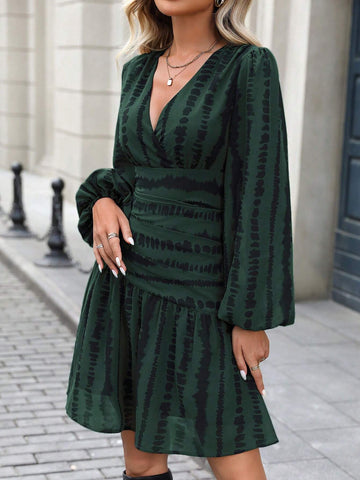 Women's Zebra Print V-Neck Long Sleeve Party Dress With Ruched Waist, Ruched Hem & Balloon