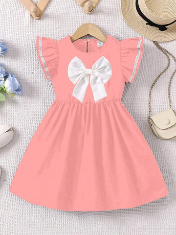 College Style Girls Casual With White Bow Accent, Fluttering Cap Sleeve & White Lace Trim, New Arrival Fashion Summer Transition Season