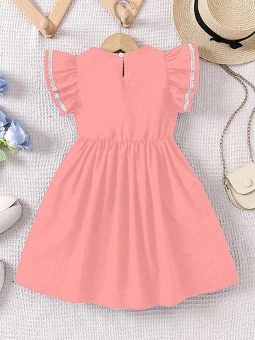 College Style Girls Casual With White Bow Accent, Fluttering Cap Sleeve & White Lace Trim, New Arrival Fashion Summer Transition Season