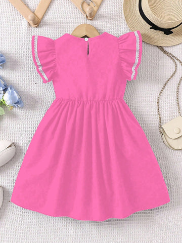 Collegiate Style Girls Casual Dress , White Bow Decor & Flare Sleeves With Floral Lace Trim,