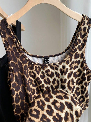 Comfortcana 4pcs/Set Leopard & Solid Black/White Color Mixing Versatile Casual Socks, Suitable For Spring & Summer