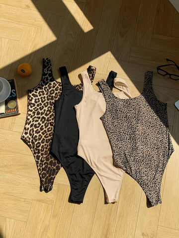 Comfortcana 4pcs/Set Leopard & Solid Black/White Color Mixing Versatile Casual Socks, Suitable For Spring & Summer