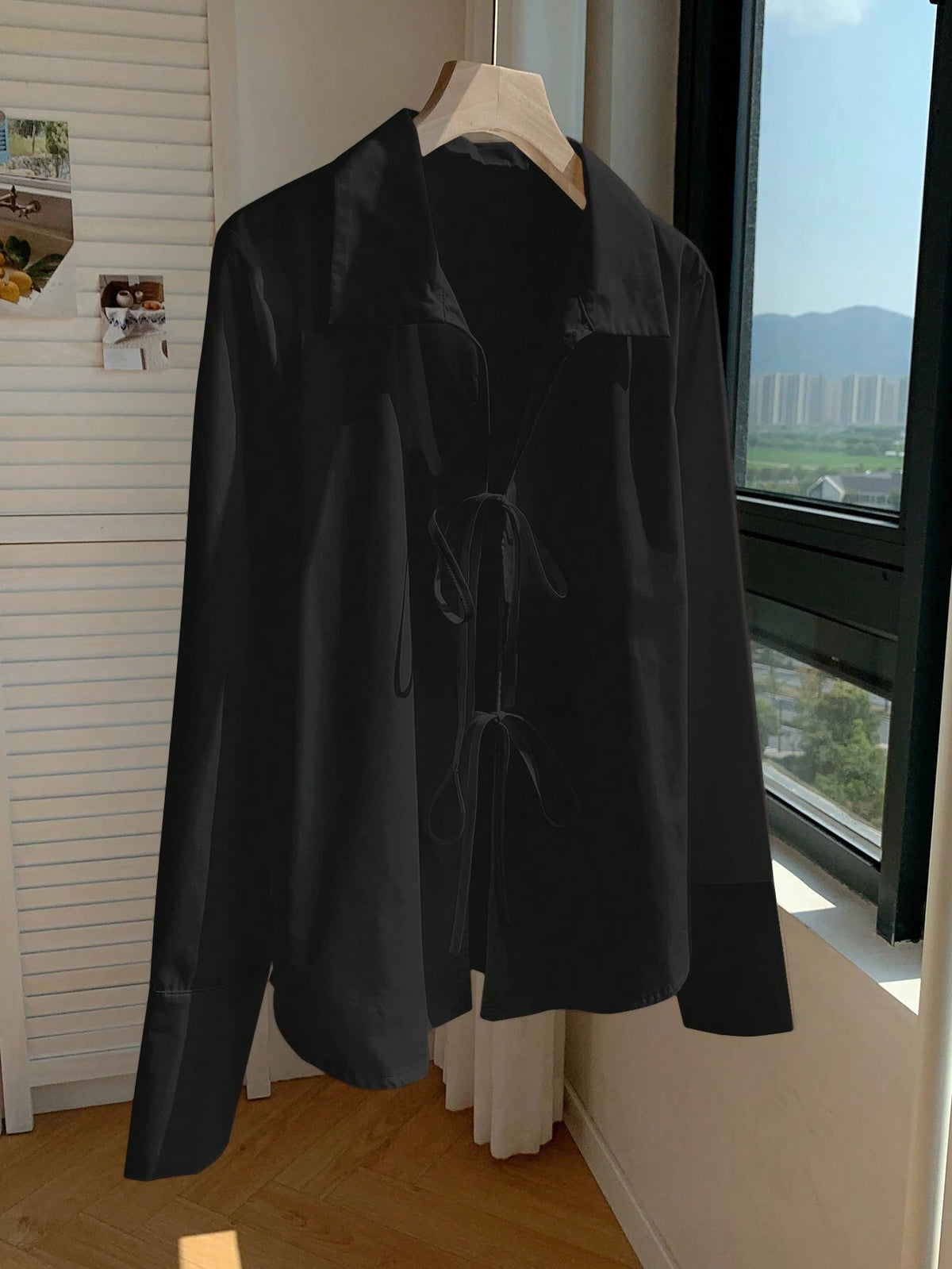 Solid Color Tie Front Collared Elegant Long Sleeve Blouse