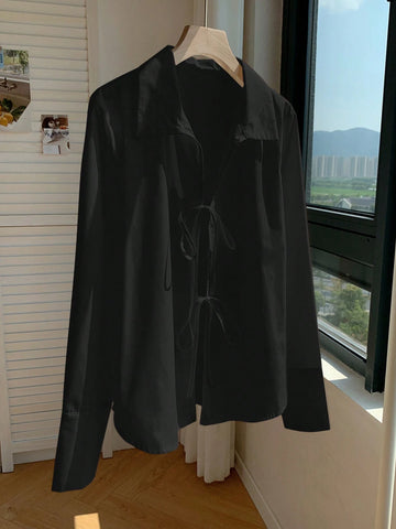 Solid Color Tie Front Collared Elegant Long Sleeve Blouse