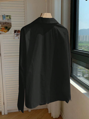 Solid Color Tie Front Collared Elegant Long Sleeve Blouse