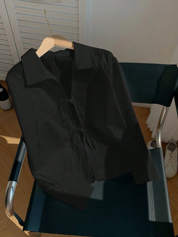 Solid Color Tie Front Collared Elegant Long Sleeve Blouse