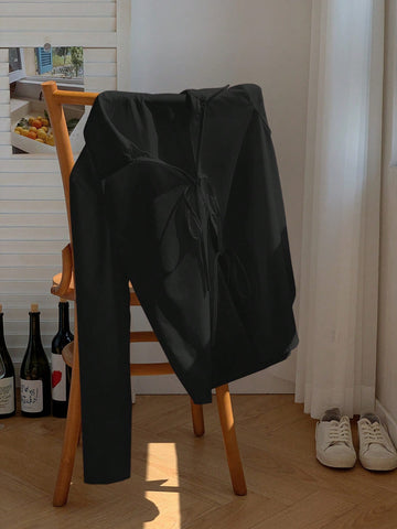 Solid Color Tie Front Collared Elegant Long Sleeve Blouse