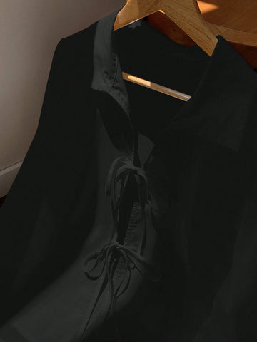 Solid Color Tie Front Collared Elegant Long Sleeve Blouse