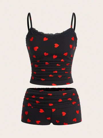 Women's 2pcs/Set Black Heart Design Casual Minimalist For Everyday Wear,Valentine's Day