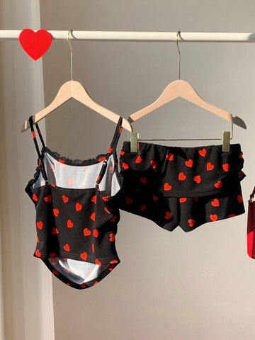 Women's 2pcs/Set Black Heart Design Casual Minimalist For Everyday Wear,Valentine's Day