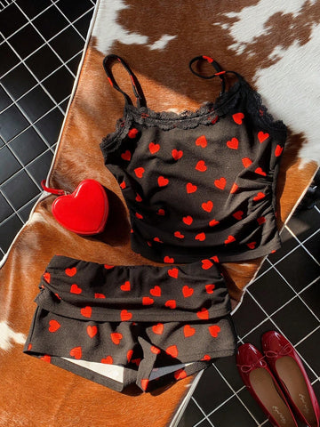 Women's 2pcs/Set Black Heart Design Casual Minimalist For Everyday Wear,Valentine's Day