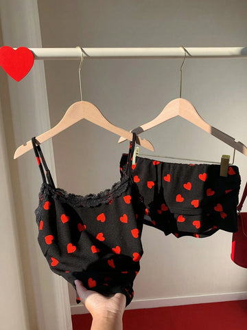 Women's 2pcs/Set Black Heart Design Casual Minimalist For Everyday Wear,Valentine's Day