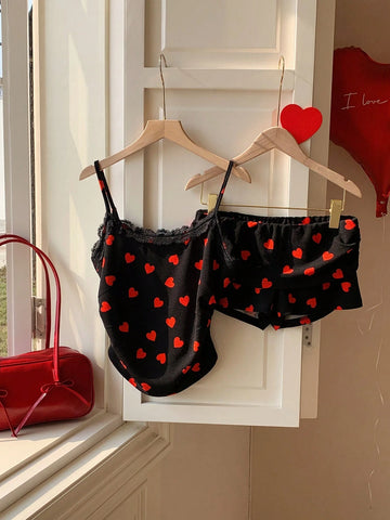 Women's 2pcs/Set Black Heart Design Casual Minimalist For Everyday Wear,Valentine's Day