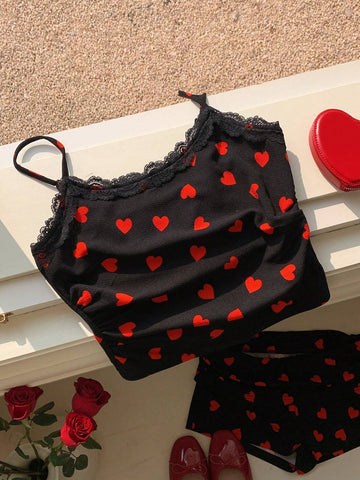 Women's 2pcs/Set Black Heart Design Casual Minimalist For Everyday Wear,Valentine's Day