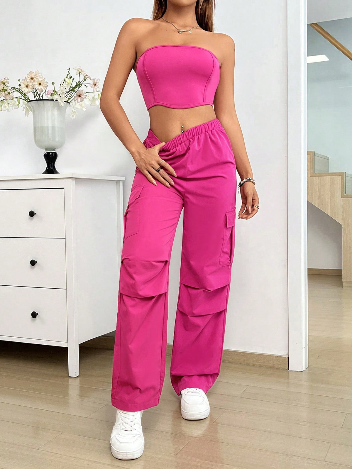 2pcs/Set Cool Strapless Top With Utility Pants