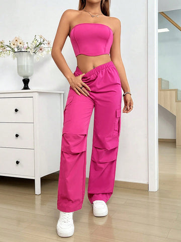 2pcs/Set Cool Strapless Top With Utility Pants