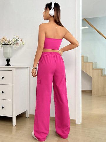 2pcs/Set Cool Strapless Top With Utility Pants