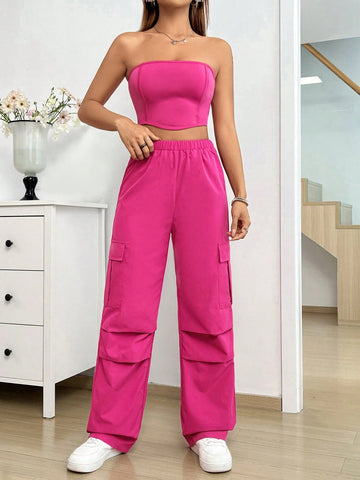 2pcs/Set Cool Strapless Top With Utility Pants