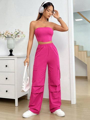2pcs/Set Cool Strapless Top With Utility Pants