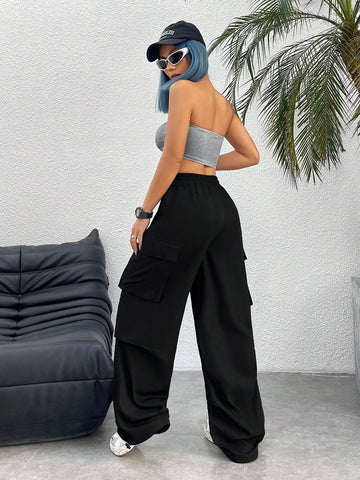 2pcs/Set Metallic Patch Strapless Top And Skirt Set For Women