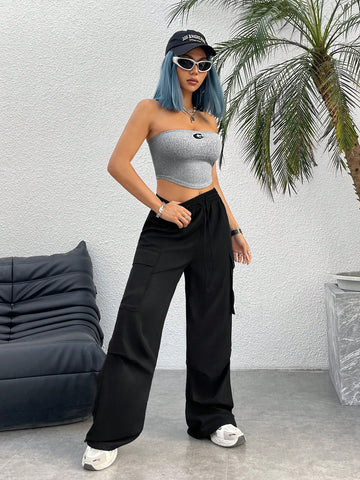 2pcs/Set Metallic Patch Strapless Top And Skirt Set For Women