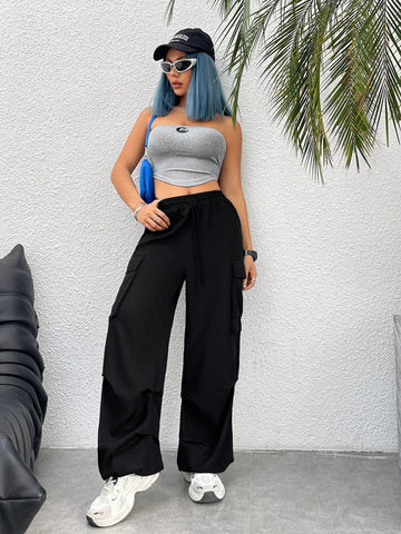 2pcs/Set Metallic Patch Strapless Top And Skirt Set For Women