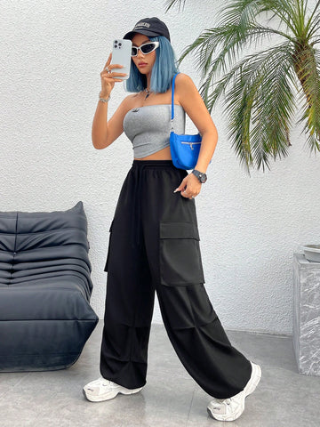 2pcs/Set Metallic Patch Strapless Top And Skirt Set For Women