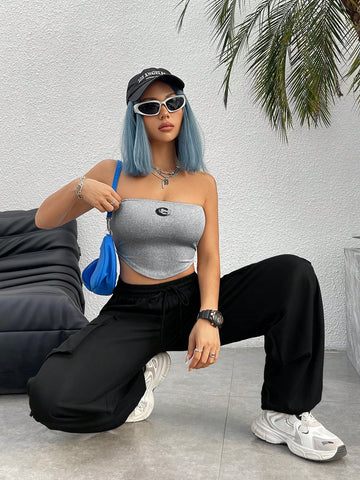 2pcs/Set Metallic Patch Strapless Top And Skirt Set For Women