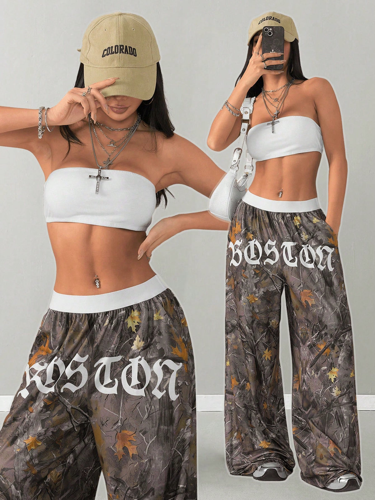 2pcs Women Set: Solid Color Cropped Tube Top And Floral Printed Wide Leg Pants