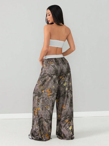 2pcs Women Set: Solid Color Cropped Tube Top And Floral Printed Wide Leg Pants