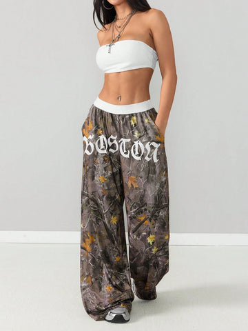2pcs Women Set: Solid Color Cropped Tube Top And Floral Printed Wide Leg Pants