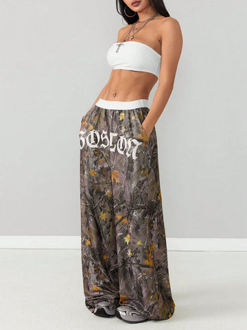 2pcs Women Set: Solid Color Cropped Tube Top And Floral Printed Wide Leg Pants