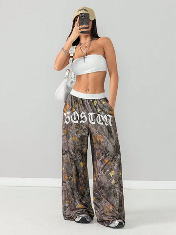 2pcs Women Set: Solid Color Cropped Tube Top And Floral Printed Wide Leg Pants