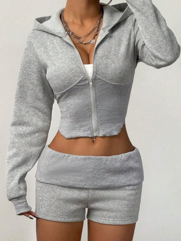 2pcs Women Solid Color Hooded Sweatshirt And Shorts Set