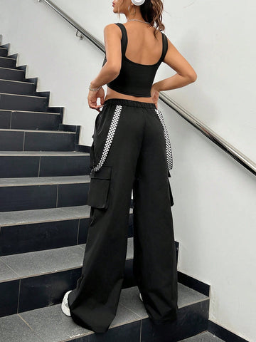 2pcs/set Solid Color Tank Top And Cargo Pants