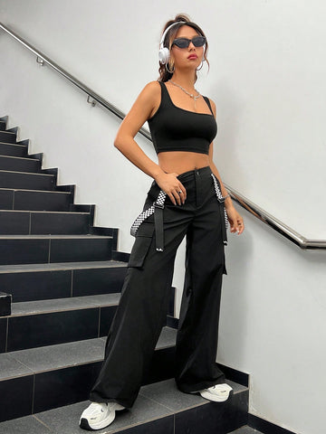 2pcs/set Solid Color Tank Top And Cargo Pants