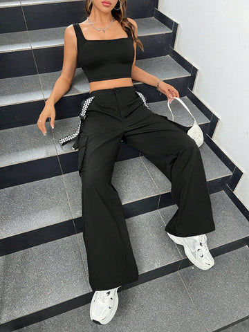 2pcs/set Solid Color Tank Top And Cargo Pants