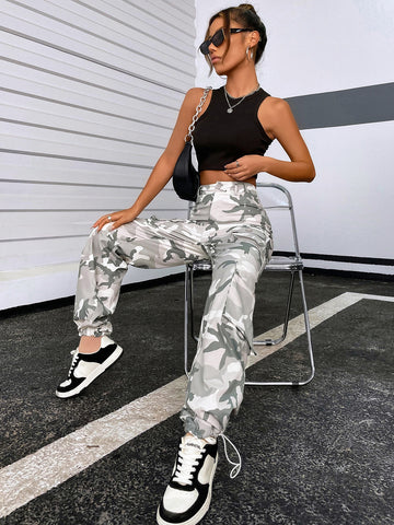 Coolane Camo Print Flap Pocket Cargo Pants