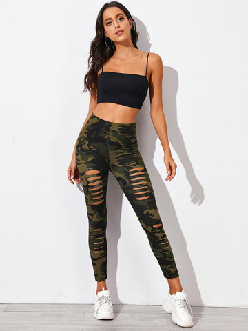 Coolane Camo Print Laddering Ripped Leggings