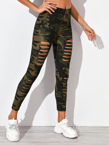 Coolane Camo Print Laddering Ripped Leggings