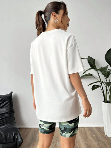 Camouflage Letter & Number Print Crop Top Tight Shorts Casual Set