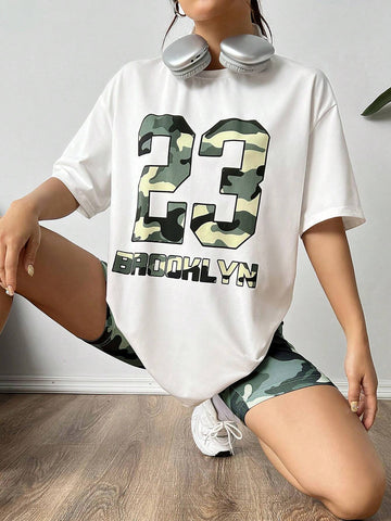 Camouflage Letter & Number Print Crop Top Tight Shorts Casual Set